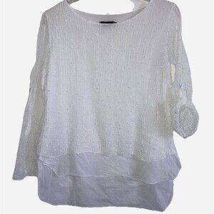 TODAY MADE IN ITALY  L  Solid White Cotton Flowy Knit Tiered Rhinestone Knit Top
